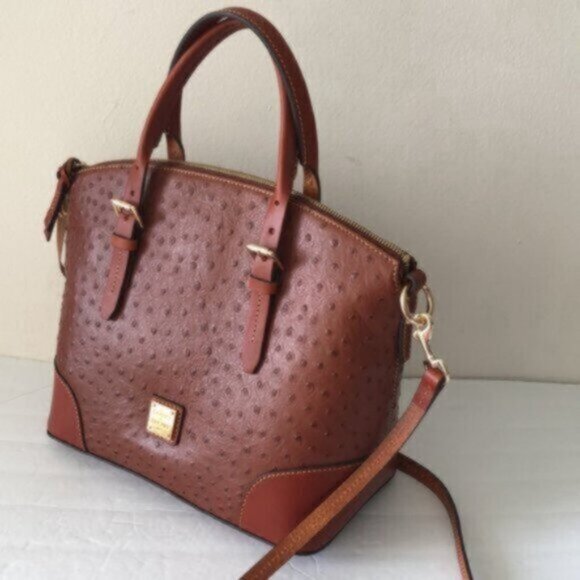 Dooney & Bourke Ostrich Domed Satchel Cognac Shoulder Leather Handbag Purse - Picture 5 of 14